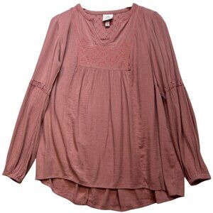 Knox Rose Womens  V Neck Peasant Blouse Long Sleeve Sz M Dusty Pink Stretch